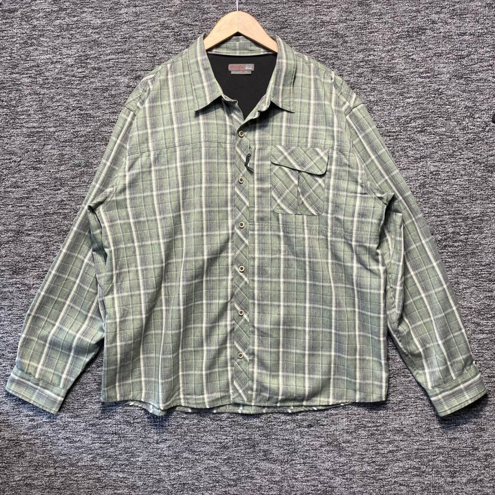 Wrangler Outdoor Mens XXL Plaid Long Sleeve Trail Shirt Sage Green Button Up